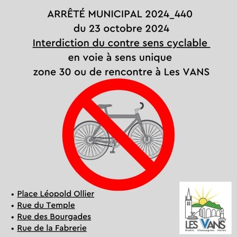 Interdiction du contre sens cyclable en voie à sens unique zone 30 ou de rencontre à Les VANS